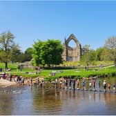 People enjoy the sunshine at Bolton Abbey in Yorkshire, as Bank Holiday Monday could be the hottest day of the year so far - with temperatures predicted to hit 25C in parts of the UK. 
PA WIRE