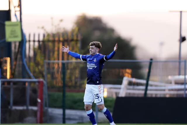 LATE OUTING: For Leeds United youngster Alfie McCalmont, pictured in action on loan at Oldham Athletic this season. Photo by Clive Brunskill/Getty Images.