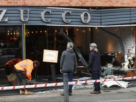 The damage caused to Zucco Italian restaurant in Meanwood, Leeds, after a car crashed into it shortly before 3.30am on Tuesday, May 25