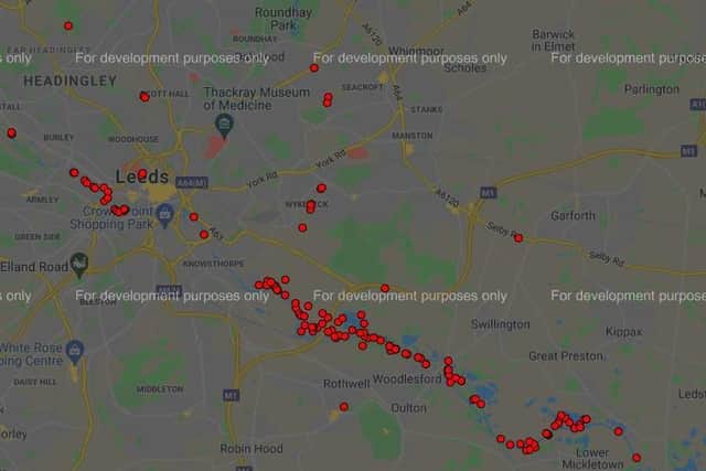 Red dots show the verified sightings of Giant Hogweed in Leeds (Plant Tracker / Google).
