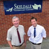 Peter Wright (left) with his former colleague Julian Norton outside Skeldale Veterinary Practice