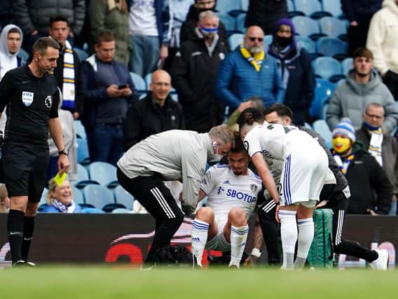 NERVY MOMENT - Leeds United star Kalvin Phillips injured his shoulder right at the end of the final game of the season but is recovering with England as the European Championships loom. Pic: Getty