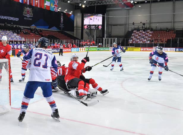 STRIKE TWO: Liam Kirk, far right, fires in his second goal against Switzerland. Picture: Dean Woolley.