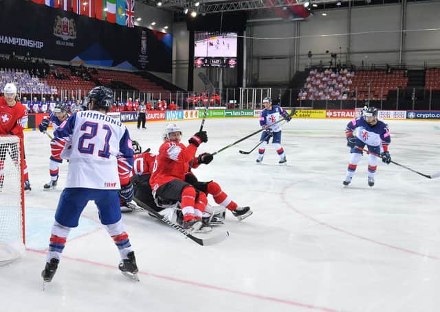 STRIKE TWO: Liam Kirk, far right, fires in his second goal against Switzerland. Picture: Dean Woolley.