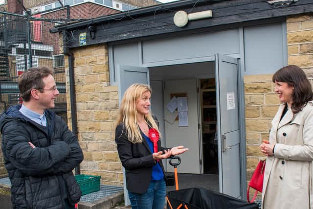 Kim Leadbeater, centre, pictured with Rev Brunel James, left, and Labour's Shadow Chancellor Rachel Reeves during a visit to Cleckheaton Food Bank