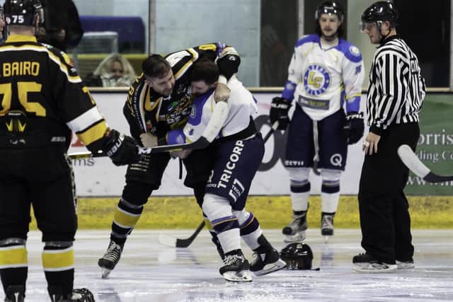 COMMITTED: Sam Zajac, seen battling against Bracknell Bees during the 2019-20 season, has always been willing to put his body on the line for his team. Picture courtesy of Kevin Slyfield
