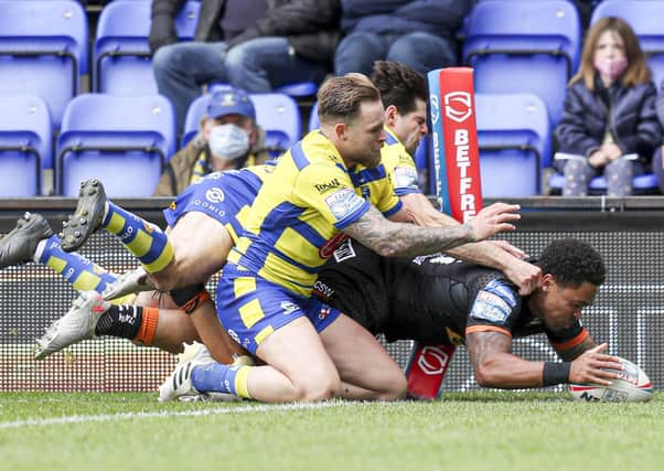 Castleford Tigers winger Jordan Turner touching down against Warrington Wolves earlier in the season. Picture: Paul Currie/SWpix.com.