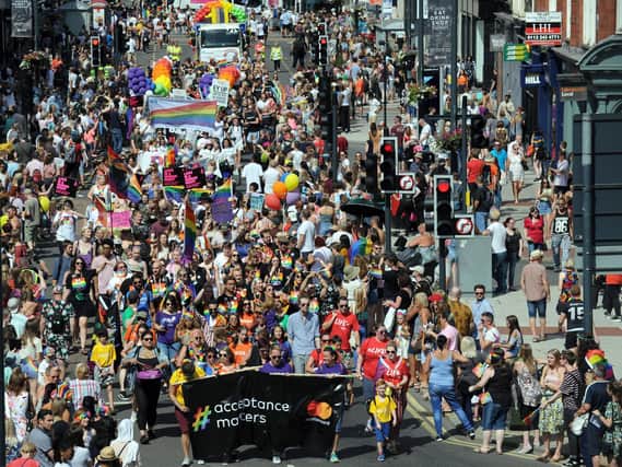 Under the Equality Act, it is illegal to discriminate against someone on the basis of their gender identity. Pictured: Leeds Pride 2018