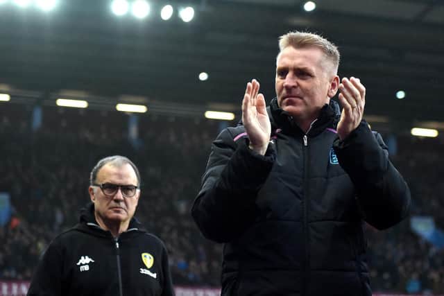 NOT BEHIND FOR LONG: Aston Villa boss Dean Smith, right, and Leeds United head coach Marcelo Bielsa, left, during the Championship clash at Villa Park of December 2018. Photo by Nathan Stirk/Getty Images.