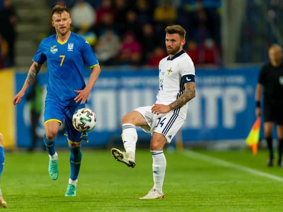 Leeds United's Stuart Dallas in action for Northern Ireland against Ukraine. Pic: Getty