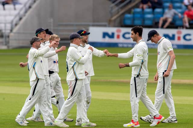 On his way: Yorkshire celebrate Harry Brook taking Ali Orr's wicket, caught by Duanne Olivier for 15 at Emerald Headingley.
 Picture Bruce Rollinson