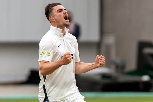 Got him: Jordan Thompson celebrates taking Stiaan van Zyl's wicket, caught by wicketkeeper Harry Duke for 15. Thompson claimed 3-42 on the day. Picture Bruce Rollinson