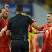 ON SONG: Leeds United's Gjanni Alioski, right, as North Macedonia blitzed Kazakhstan. Photo by ANDREI PUNGOVSCHI/AFP via Getty Images.
