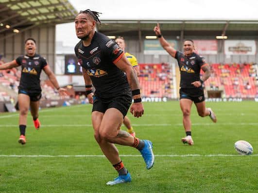 Jesse Sene-Lefao celebrates his try. Picture by Alex Whitehead/SWpix.com.