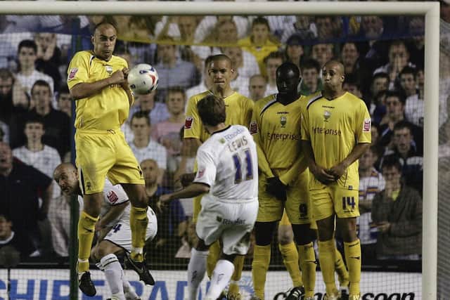BEAUTY: Leeds United's Eddie Lewis puts his free-kick into the top right corner in the Coca-Cola Championship semi-final first leg play-off against Preston North End at Elland Road on May 5, 2006. Photo by Alex Livesey/Getty Images.