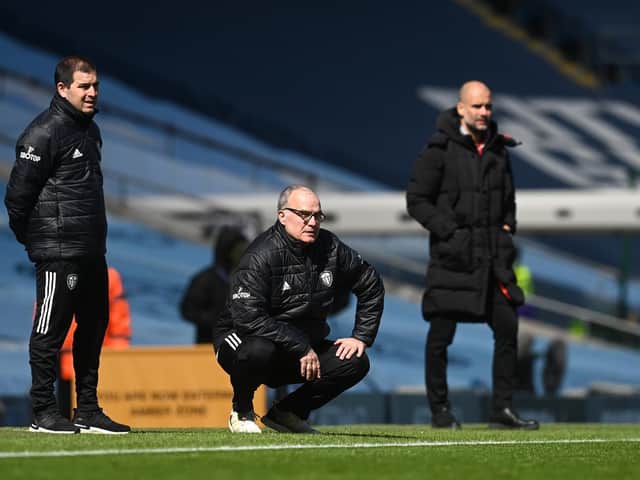 Leeds United boss Marcelo Bielsa at the Etihad stadium during his side's 2-1 win over Manchester City. Pic: Getty