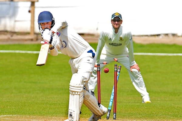 Batley's Abdul Wahid is bowled by New Farnley's Sam Lodge for 13. Picture: Steve Riding.