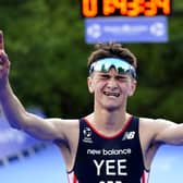 Great Britain's Alex Yee celebrates winning The AJ Bell 2021 World Triathlon Championship Series Mens Race during day 2 of the 2021 ITU World Triathlon Series Event in Leeds. (photo: PA Wire/ Danny Lawson)