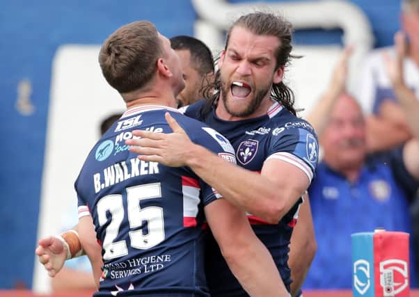 Wakefield Trinity winger Liam Kay celebrates scoring against former club Leigh Centurions. Picture: Richard Sellers/PA Wire.