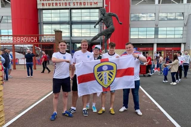 Friends Sam Bird, 22, a payroll administrator, Jack Caulfield, 24, a print assistant, James Parkinson, 25, a warehouse operative, Alex Webb, 23, a warehouse operative and Ryan McGuinness, 25, an analyst cheered on the Leeds United striker "because he should be in the squad".