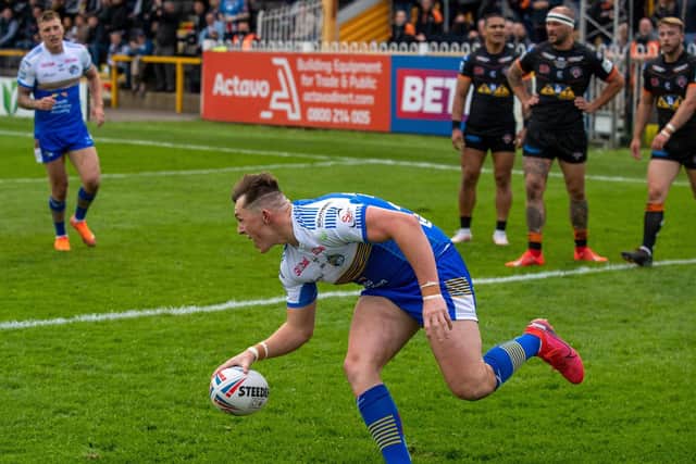 Jack Broadbent touches down for Rhinos against Castleford. Picture by Bruce Rollinson.
