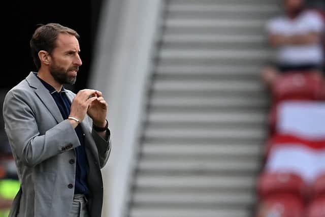 LOOKING ON: England boss Gareth Southgate during Sunday's final Euros warm-up friendly against Romania at the Riverside. Photo by PAUL ELLIS/POOL/AFP via Getty Images.