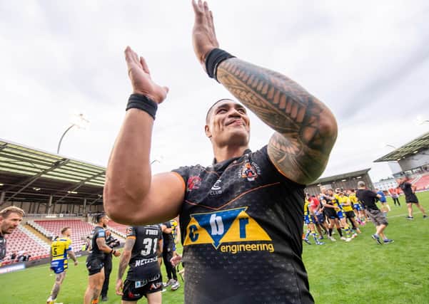 Castleford's Peter Mata'utia, celebrating Saturday's Challenge Cup semi-final win over Warrington, will go up against his brother Sione, when the Tigers take on St Helens in next month's final. Picture: Allan McKenzie/SWpix.com.