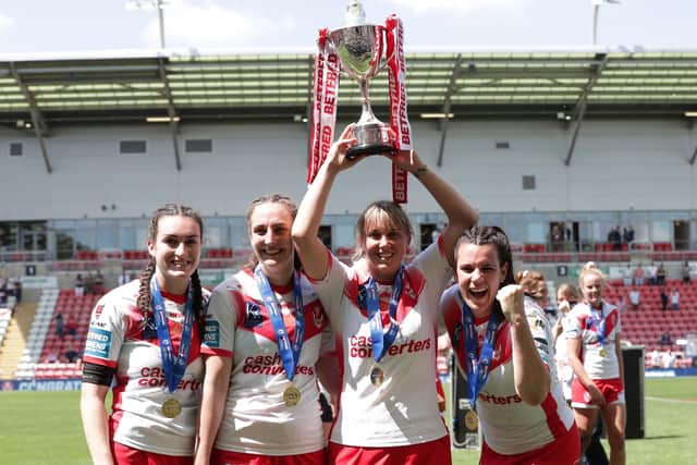 St Helens players celebrate winning the 2021 Women's Challenge Cup final. Picture: Richard Sellers/PA Wire.