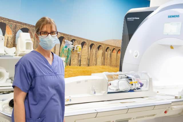 Dr Malenka Bissell, clinical lecturer of paediatric cardiology at the University of Leeds and consultant at Leeds Children’s Hospital, with the new baby pod.