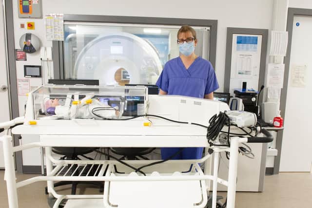 Dr Malenka Bissell, clinical lecturer of paediatric cardiology at the University of Leeds and consultant at Leeds Children’s Hospital, with the new baby pod.