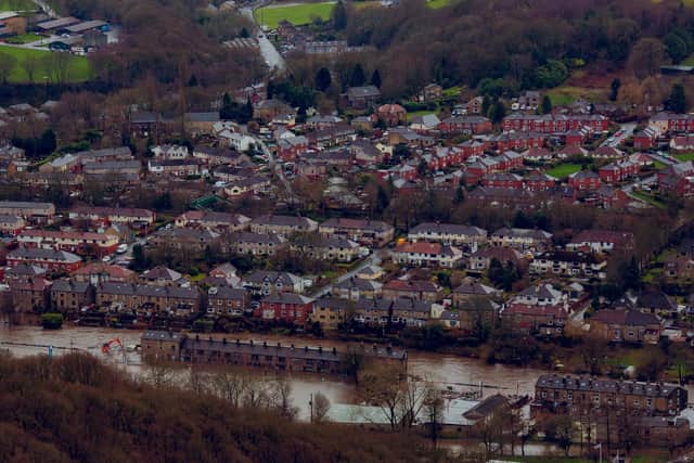 Birds eye view of flooding in Mytholmroyd, a large village in the Upper Calder Valley in West Yorkshire, after storm Ciara hit the Calder Valley on February 9 2020. Photo credit: Daisy Brasington