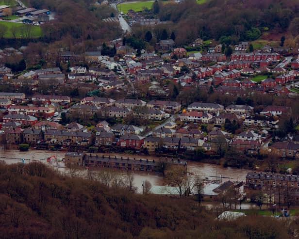 Birds eye view of flooding in Mytholmroyd, a large village in the Upper Calder Valley in West Yorkshire, after storm Ciara hit the Calder Valley on February 9 2020. Photo credit: Daisy Brasington