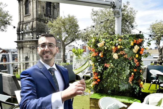 Manager Andrea Rossi on Angelica's Botanical Garden rooftop terrace in Leeds city centre (photo: Steve Riding)