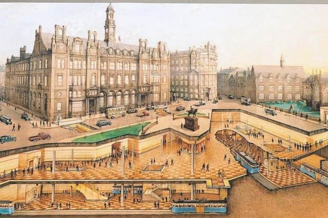 The subway station planned for City Square, with the old Post Office building in the background (National Tramway Museum)