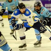 Jordan Griffin, right, chases down Leeds Chiefs forward Radek Meidl while at Sheffield Steeldogs in October 2019.  Picture: Bruce Rollinson