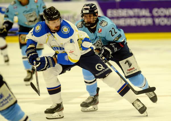 Jordan Griffin, right, chases down Leeds Chiefs forward Radek Meidl while at Sheffield Steeldogs in October 2019.  Picture: Bruce Rollinson