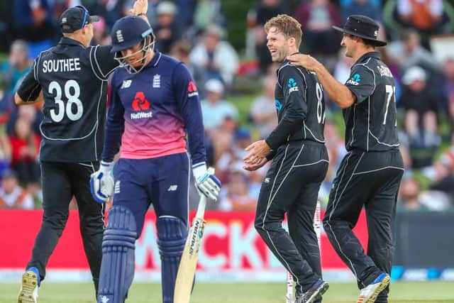 ADDED FIREPOWER: New Zealand's Lockie Ferguson celebrates the wicket of England's Jonny Bairstow during a ODI at Bay Oval in February, 2018. Picture: John Cowpland / www.photosport.nz/SWPix.com