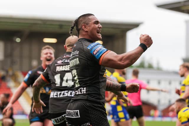 Picture by Alex Whitehead/SWpix.com - 05/06/2021 - Rugby League - Betfred Challenge Cup Semi-Final - Castleford Tigers v Warrington Wolves - Leigh Sports Village, Leigh, England - Castleford's Peter Mata'utia celebrates the win.