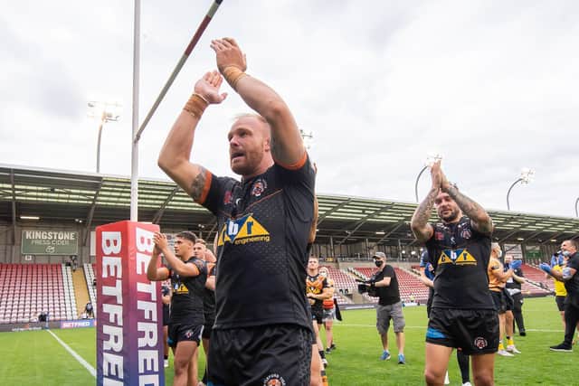 Picture by Allan McKenzie/SWpix.com - 05/06/2021 - Rugby League - Betfred Challenge Cup Semi Final - Castleford Tigers v Warrington Wolves - Leigh Sports Village, Leigh , England - Castleford's Oliver Holmes thanks the fans for their support after his side defeats Warrington.
