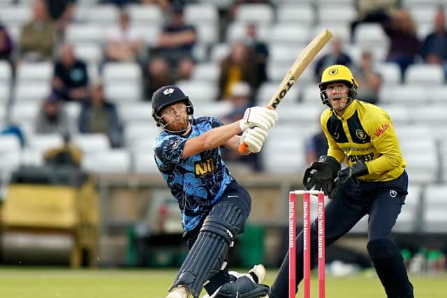 Big hit: Yorkshire's Jonny Bairstow hits a six during jis innings of 34 at Headingley. Picture: Tim Goode/PA Wire.