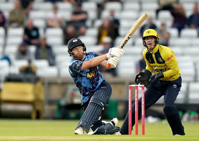 Big hit: Yorkshire's Jonny Bairstow hits a six during jis innings of 34 at Headingley. Picture: Tim Goode/PA Wire.