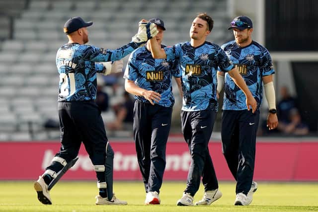 Out Yorkshire Vikings' Jordan Thompson (centre) celebrates taking the wicket of Birmingham Bears' Carlos Brathwaite. Picture: Tim Goode/PA Wire.
