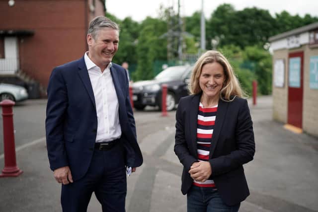 Labour party leader Sir Keir Starmer and Batley and Spen by-election candidate Kim Leadbeater tour Batley Bulldogs' stadium. Photo: Getty Images