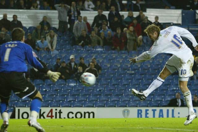 Rob Hulse fires home past Derby County goalkeeper Lee Camp to complete his hat-trick at Elland Road in September 2005. PIC: Getty
