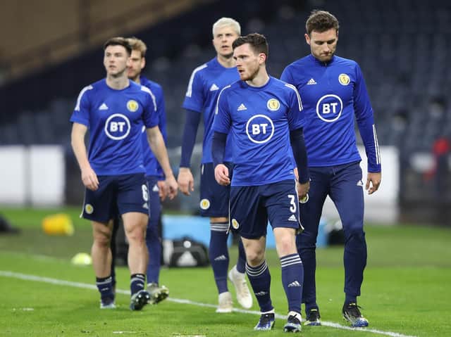 Scotland captain Andrew Robertson warms up at Hampden Park. Pic: Getty