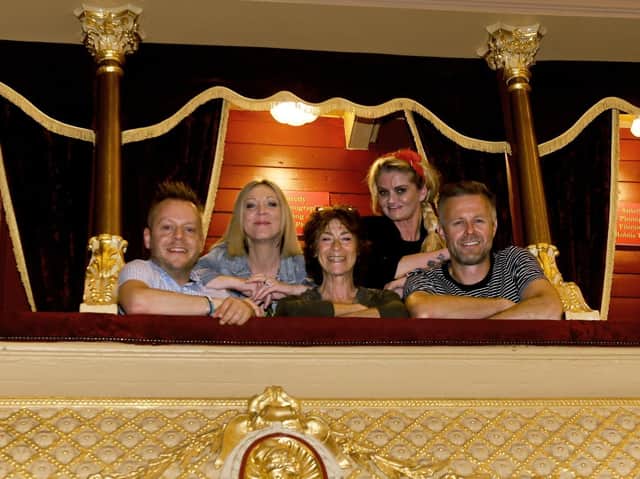 Some of the tv soap stars taking part in the 'Soap From The Box Live' shows at Leeds City Varieties. From left to right - Lee Salisbury creator and host of the shows, Kelli Hollis ex Emmerdale, Deena Paynes ex Emmerdale, Daniella Westbrook ex Eastenders and Tim Lister ex Emmerdale. (photo: Gary Longbottom)