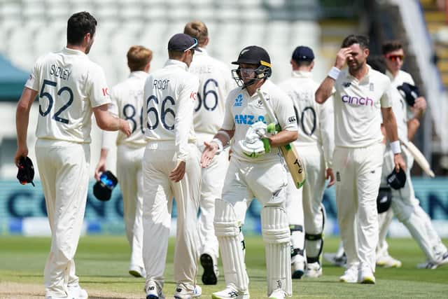 New Zealand's Tom Latham shakes hands with England players at Edgbaston. Picture: Mike Egerton/PA