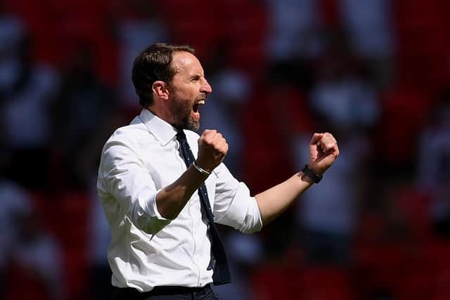 WINNING START: England boss Gareth Southgate celebrates his side's 1-0 victory against Croatia in their Euros 2020 opener in which Leeds United's Kalvin Phillips set up the winner. Photo by Laurence Griffiths/Getty Images.