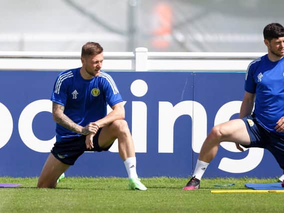 Leeds United captain Liam Cooper (left) in training with Scotland. Pic: Getty