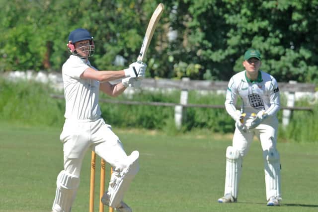George Myers on his toes on the way to 187, a knock that included 21 fours and 13 sixes for Rawdon at Aire-Wharfe Division 1 rivals Horsforth. Picture: Steve Riding.